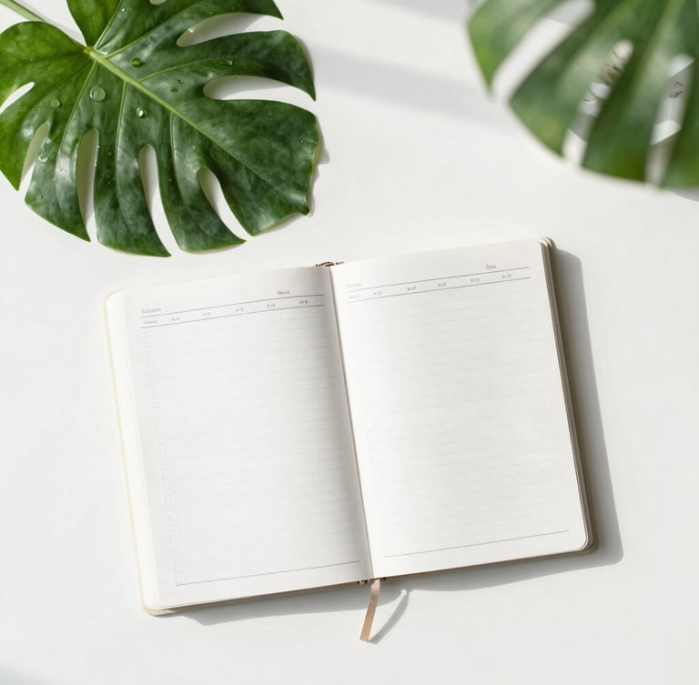 Overhead flatlay of a sunlit morning workspace, clean white desk, vibrant green plant leaf, open physical planner with structured time blocks, crisp natural daylight.