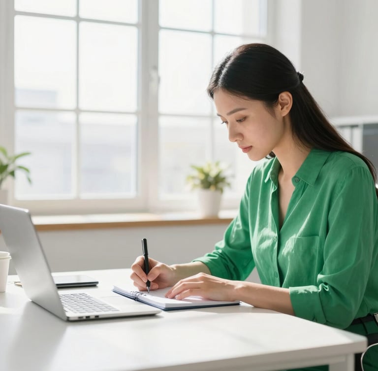 A focused professional in a bright, sunlit modern office, writing in a notebook, morning light streaming through large windows, crisp clean atmosphere.