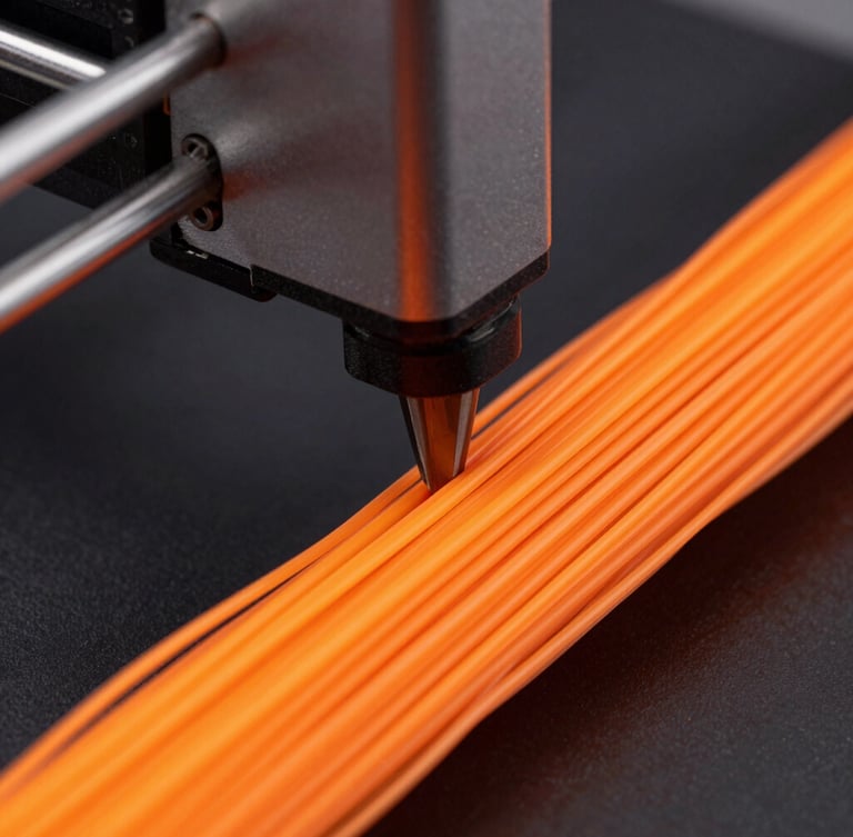 Extreme close-up of a 3D printer nozzle extruding vibrant neon orange filament, high-contrast studio lighting, dark matte background