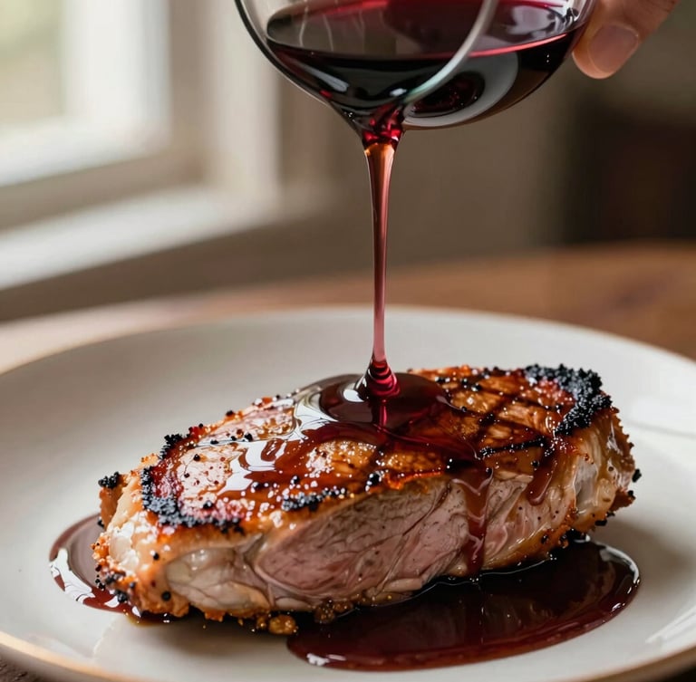 A close-up of rich red wine reduction sauce being drizzled over a perfectly seared duck breast, warm side-lighting, shallow depth of field