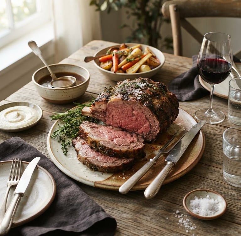 Overhead tablescape of a perfectly roasted prime rib on elegant ceramic dinnerware, warm natural side-lighting from a window, rich organic tones