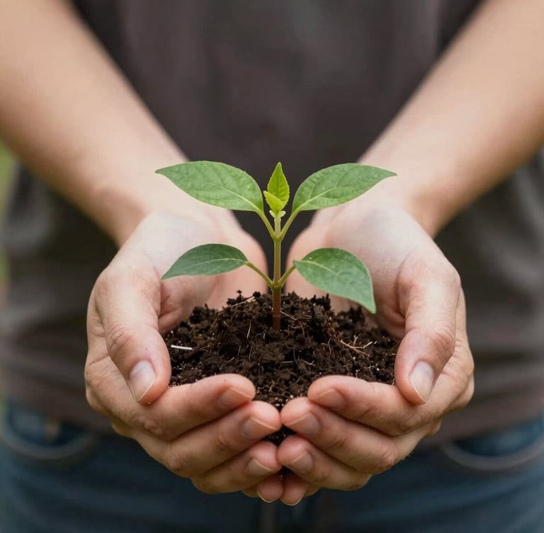 Warm editorial photography of two hands gently holding a small plant together, soft natural daylight, rich compassionate tones, authentic human connection, 35mm