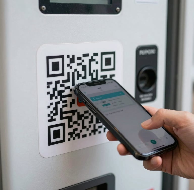 Close-up of a smartphone screen scanning a crisp QR code sticker on a clean vending machine surface, sharp focus, daylight