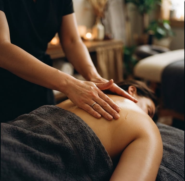 Close-up of a female therapist's hands gently applying oil to a client's draped shoulder, soft golden ambient light, shallow depth of field, pristine treatment room in background, 35mm