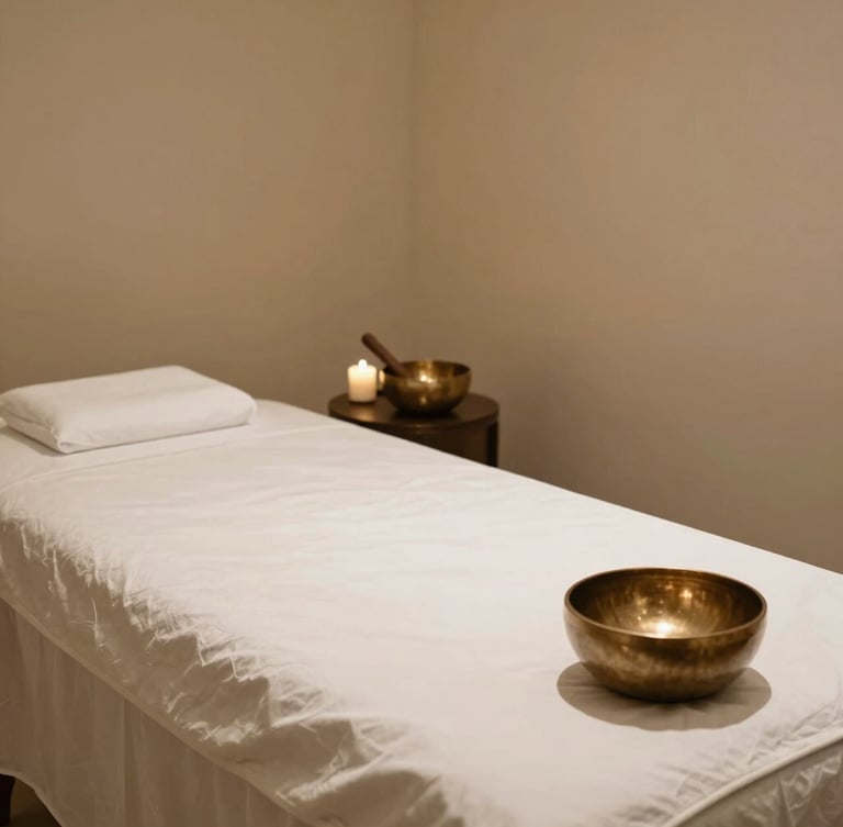 Wide environmental shot of a pristine, empty spa treatment room, soft ambient lighting, clean white linens on a massage bed, a brass singing bowl on a side table, deep charcoal and champagne gold tones, 35mm