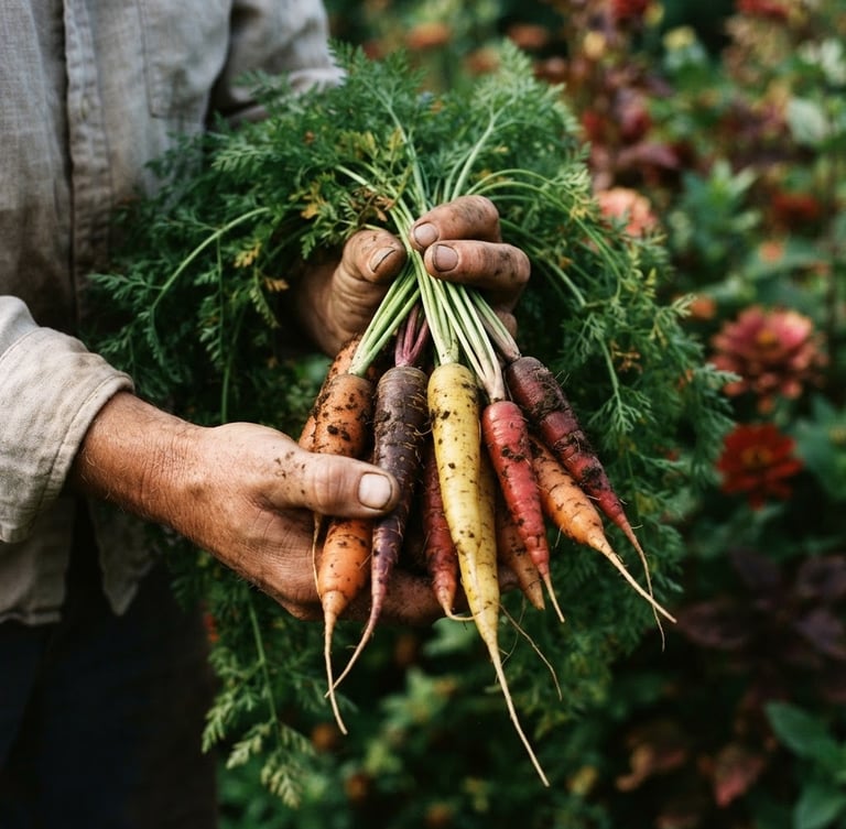 Close-up of a farmer's hands gently holding a bunch of freshly harvested, soil-grown heirloom carrots, soft north-facing daylight, rich crimson and forest green tones in the background, shallow depth of field, cozy editorial photography, 35mm.