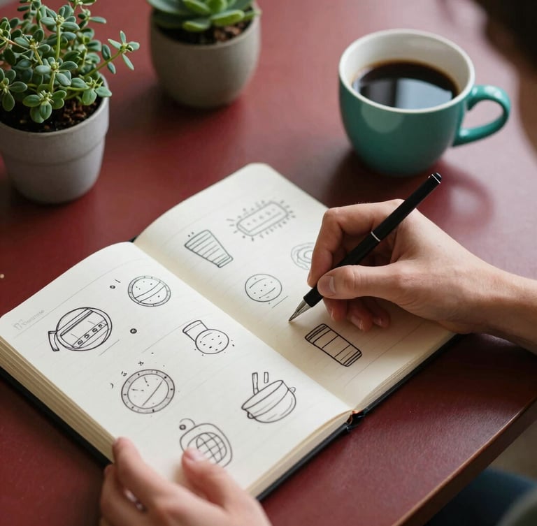 Overhead shot of hands sketching content ideas on a notebook next to a cup of coffee and a small pot of herbs, soft daylight, cozy editorial photography, 35mm.