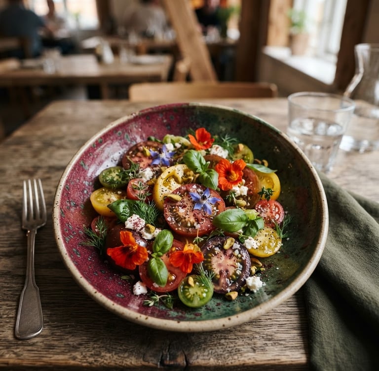 Close-up, overhead shot of a beautifully plated dish of heirloom tomatoes with fresh herbs, soft north-facing daylight, shallow depth of field, cozy Scandinavian-style restaurant setting in background, rich crimson and forest green tones, 35mm