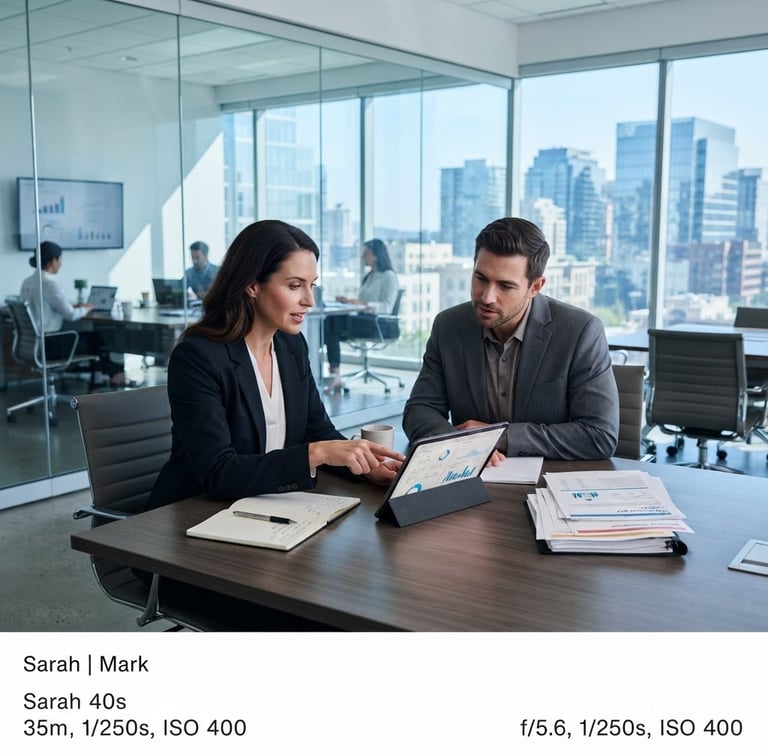 Wide panoramic of a modern, bright corporate office meeting room, two polished business professionals collaborating on a tablet, natural window light, sharp focus, cool blue tones. One professional is pointing at the screen, the other is listening intently. Expansive glass walls in the background, HR-related documents subtly visible on the table.