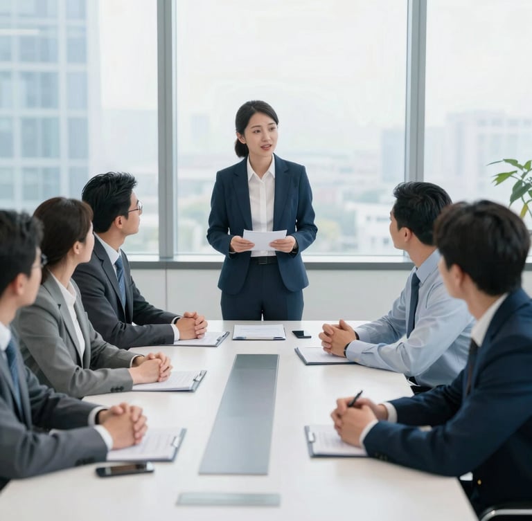 Professional HR consultant facilitating a corporate workshop, engaging with a group of executives around a modern conference table, bright natural office light, professional cool blue tones, sharp focus, 35mm lens.