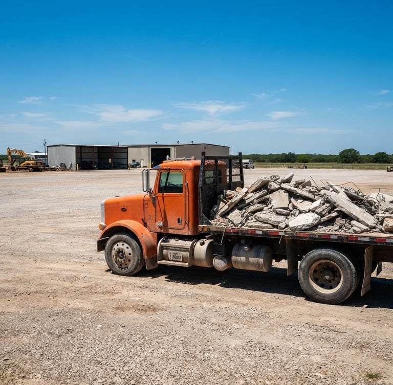 Wide shot of a heavy-duty orange flatbed truck parked in bright Texas sunlight, loaded with concrete debris, clean empty yard in background, sharp focus