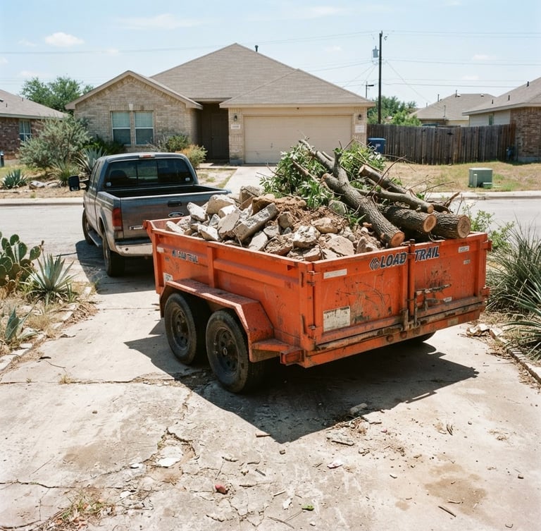 Wide-angle 35mm documentary photograph of a heavy-duty orange dump trailer parked on a concrete Texas driveway under bright direct sunlight. The trailer is loaded with concrete debris and tree limbs. Sharp focus, high-contrast industrial tones.