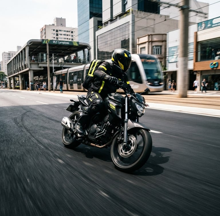 Dynamic low-angle shot of a professional motorcycle courier in black and hazard-yellow gear riding on clean asphalt, sharp motion blur, modern regional transit backdrop of Campinas, high-contrast daylight, 35mm