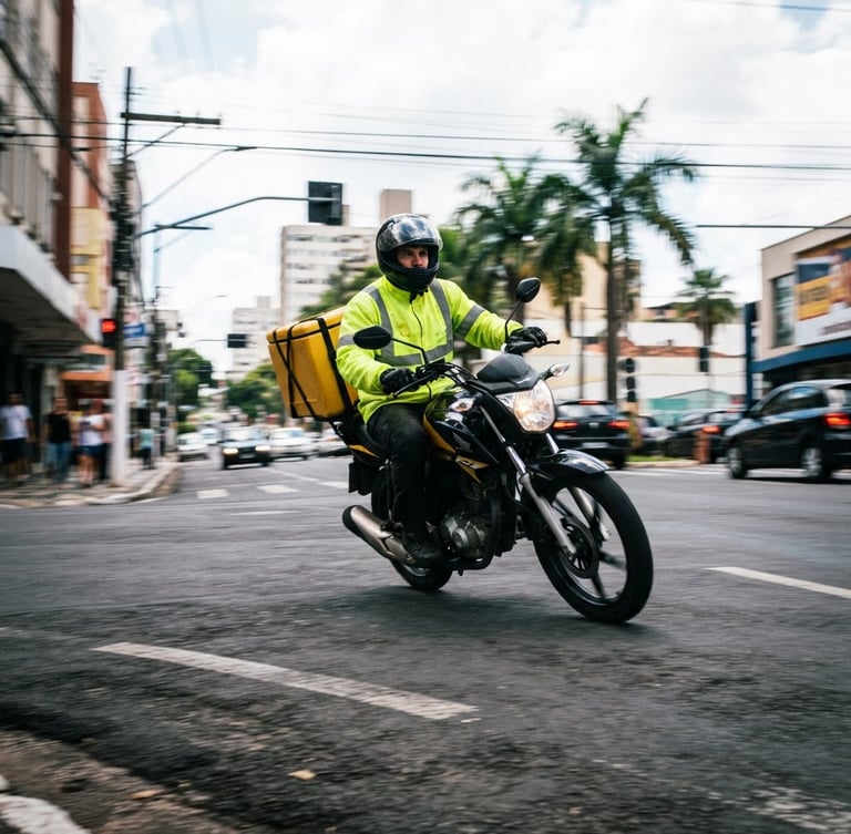 Dynamic low-angle shot of a professional motorcycle courier in a high-visibility yellow jacket riding on a clean asphalt road in Campinas, dramatic urban daylight, sharp motion blur, 35mm