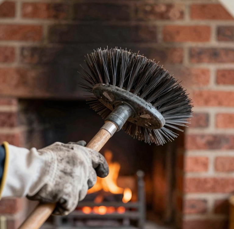 Close-up of a chimney sweep's hands, gloved and soot-dusted, holding a traditional wire brush, with a blurred background of a brick fireplace interior, warm indoor hearth light.