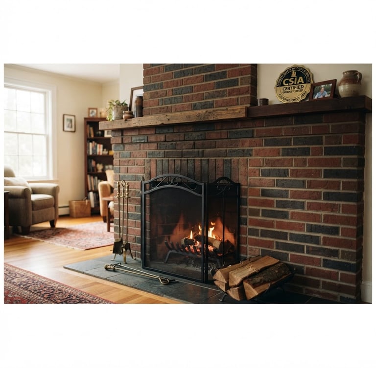 Wide panoramic shot of a clean, recently swept brick fireplace hearth, warm light from a low fire, a CSIA certification badge visible on a nearby shelf, natural daylight.