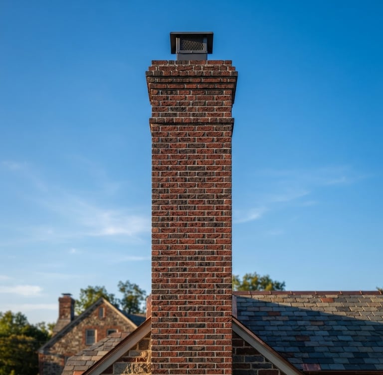 Wide exterior shot of a meticulously restored brick chimney against a clear blue sky, late afternoon light, with a subtle focus on the clean tuckpointing and new chimney cap.