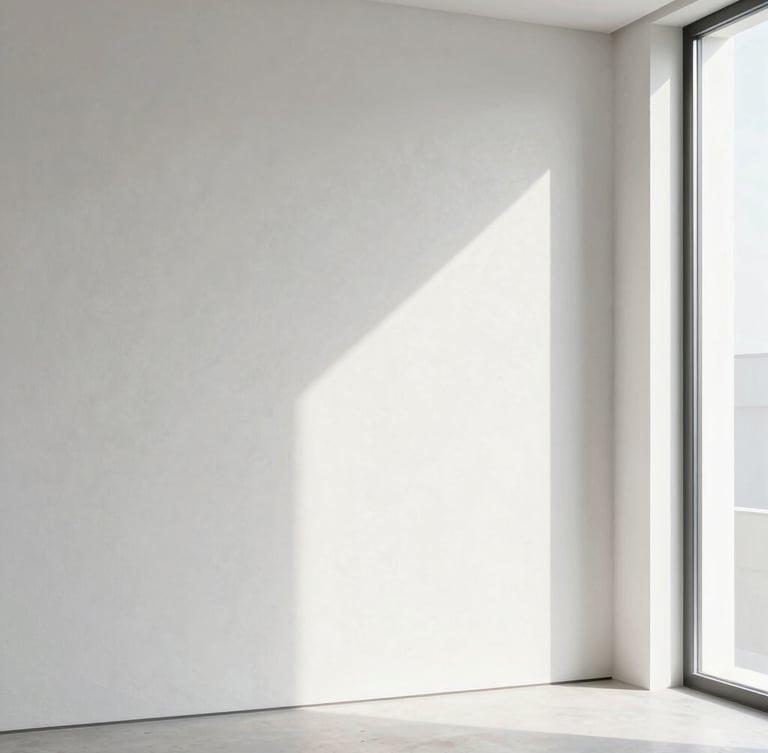 Minimalist architectural interior with a perfectly smooth plaster wall catching bright natural daylight from a large window, crisp textures, 35mm lens