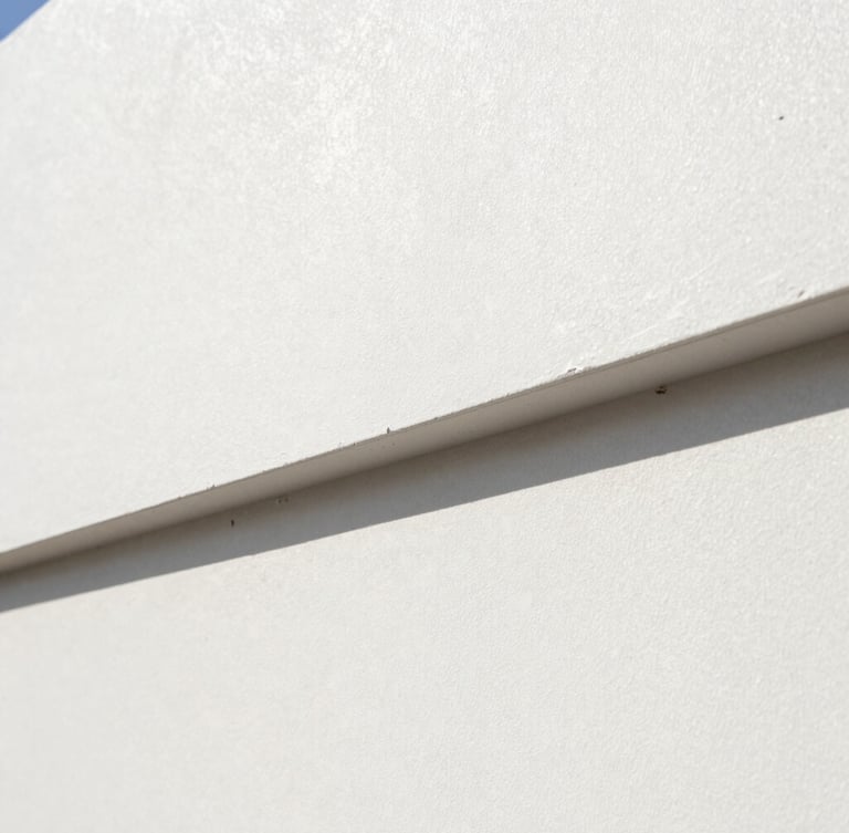Close-up architectural shot of a perfectly smooth drywall joint, natural light grazing the flat plaster surface, sharp focus, 35mm lens