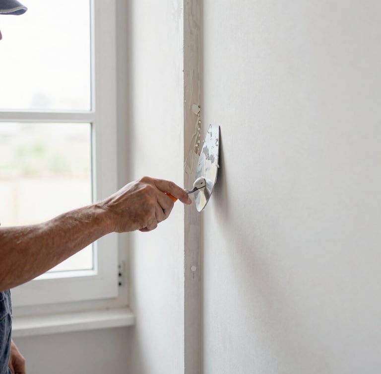 An artisan plasterer using a hand trowel to smooth a drywall joint, bright natural daylight from a nearby window, clean workspace, professional composition
