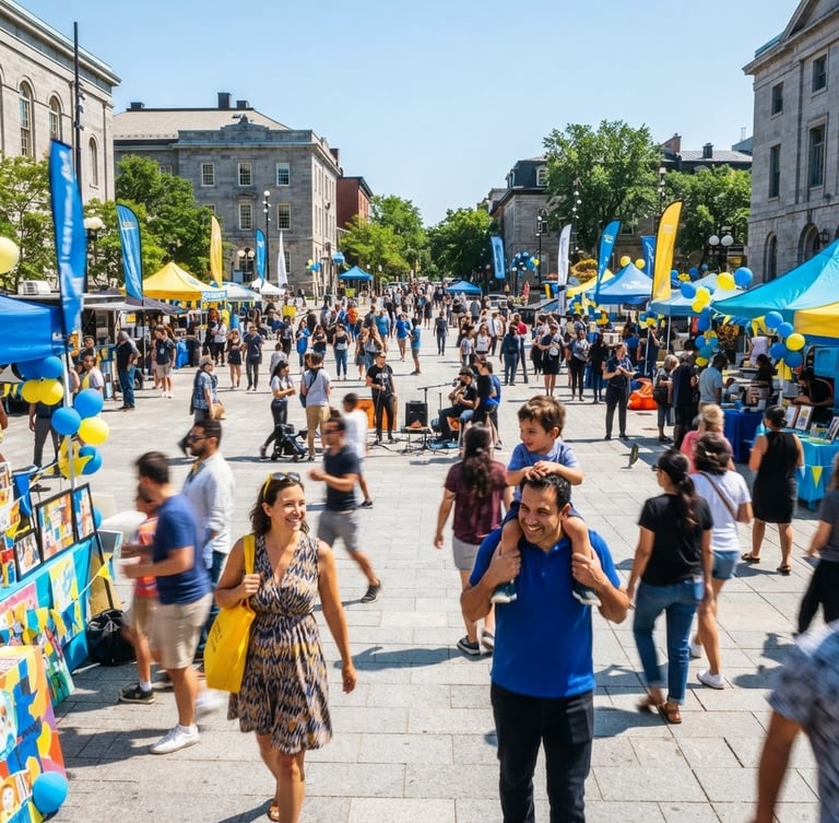 Bright candid street photography of a sunny public plaza with people walking and enjoying a free outdoor community event, vibrant blue and yellow accents, wide-angle lens