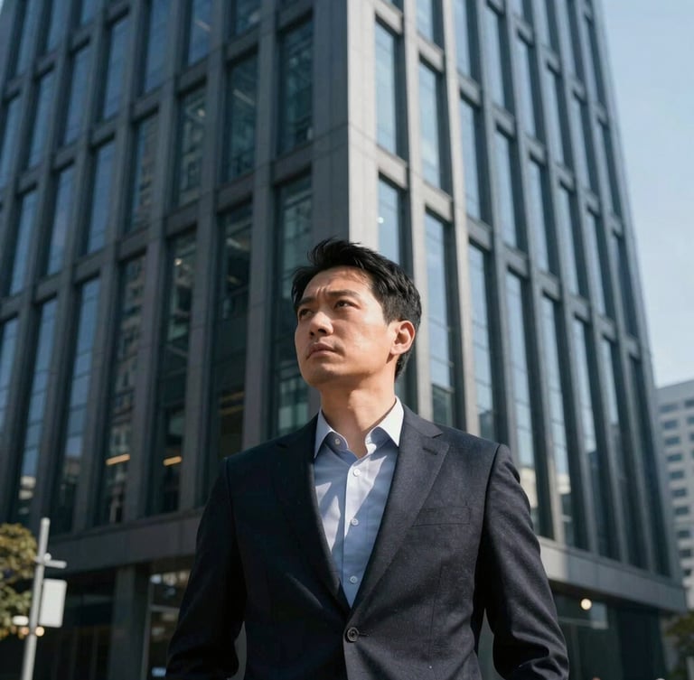 A focused executive in deep thought, sharp architectural background of a modern office building, cool daylight, high contrast, 35mm