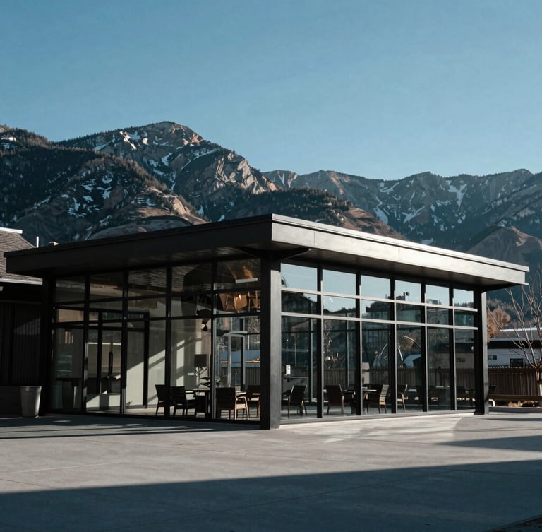 Wide architectural shot of a modern glass and steel pavilion in Park City, sharp mountain lines in the background, cool crisp daylight, 35mm