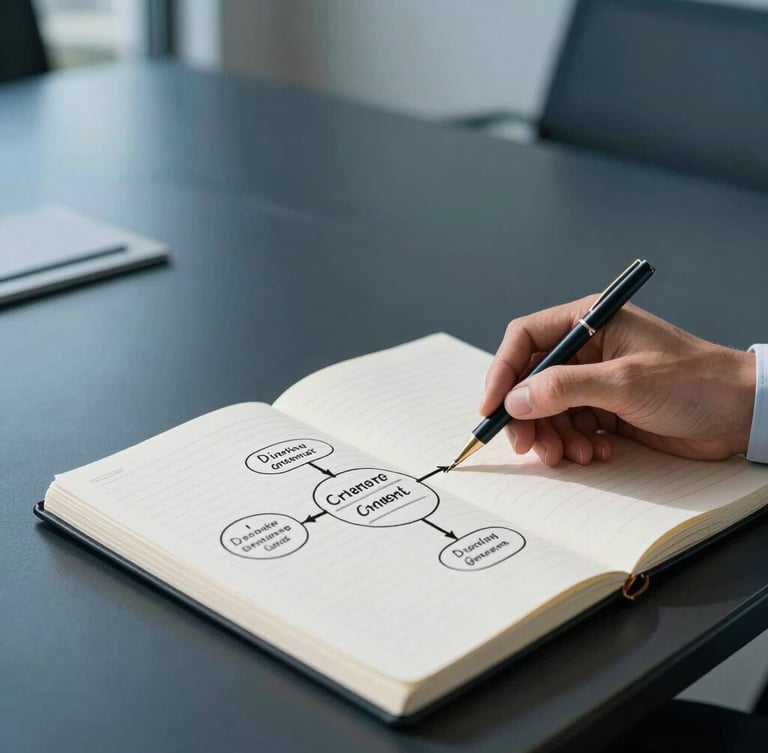Close up of an executive's hand mapping out a strategic framework on a crisp paper notebook, clean architectural lines of a high-end boardroom in the background, cool daylight