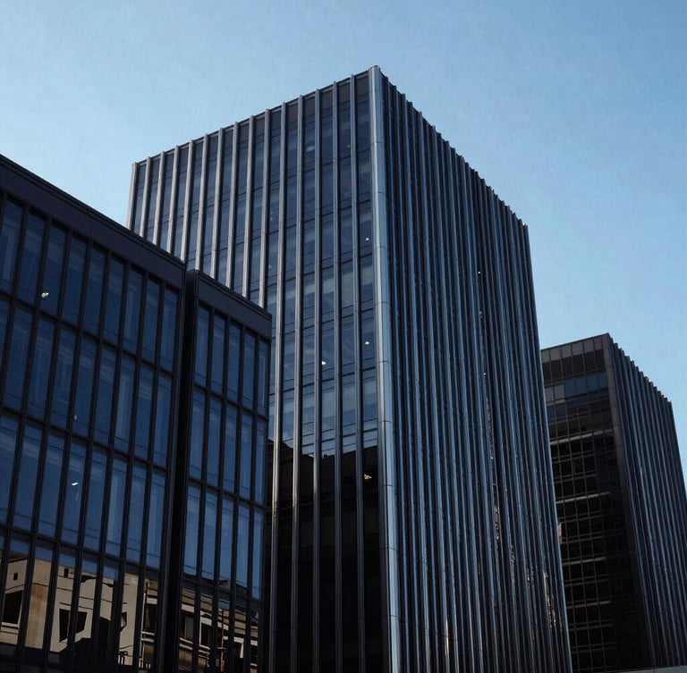 Wide environmental shot of sharp architectural lines of a modern office building in Park City, cool crisp daylight, deep blue and charcoal tones, high contrast, 35mm