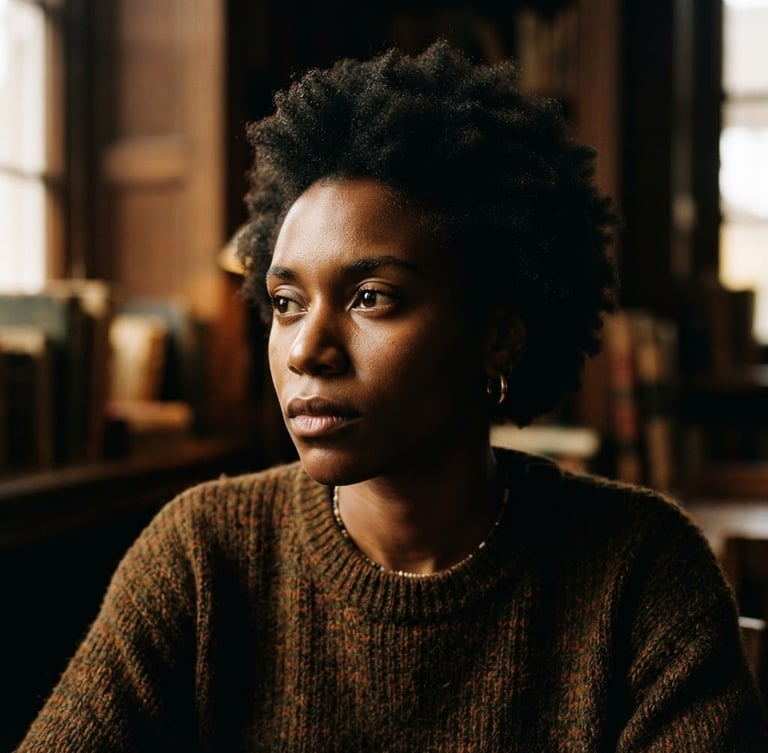 Close-up high-contrast editorial portrait of a young African intellectual looking thoughtfully off-camera, dramatic shadows, warm earth tones, 35mm film grain