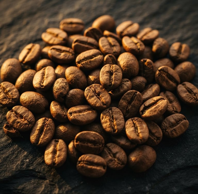 Macro close-up of uniform light-roasted Ethiopian coffee beans on a dark textured stone background, dramatic side-lighting, warm golden hour tones.