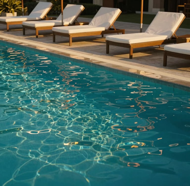 Cinematic vertical portrait of a pristine luxury outdoor swimming pool, crystal-clear turquoise water, elegant sun loungers with white cushions, golden hour sunlight casting long shadows.