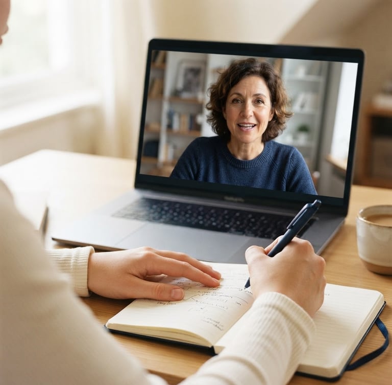 Close-up of a clean laptop screen showing an active video call with a friendly teacher, a student's hands taking notes in an open notebook, soft natural window light, academic navy and cream tones, shallow depth of field, 35mm. The teacher is a warm, encouraging presence.