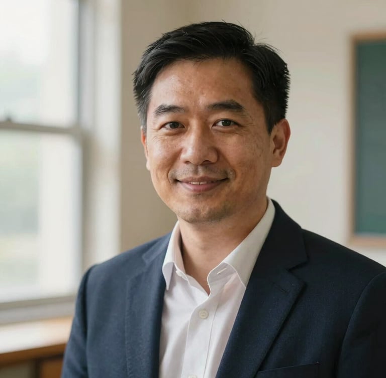 Close-up portrait of a friendly, professional male teacher (Professor Richardson) in an academic setting, looking directly at the camera, soft natural window light, academic navy and cream tones, shallow depth of field, 35mm.