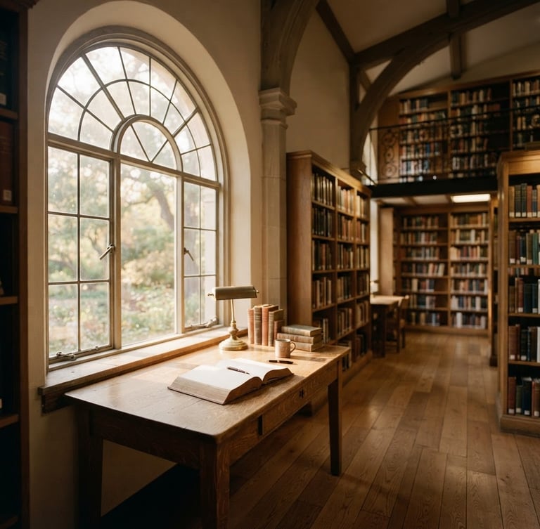 Wide panoramic shot of a quiet, sunlit library interior, focusing on an architectural window with natural light streaming onto a wooden desk, empty of people, shallow depth of field, 35mm film grain, muted warm tones.