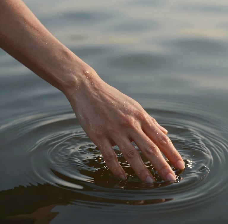 A close-up of a dancer's hand gently floating on the dark river surface, water ripples reflecting soft morning light, wet skin texture