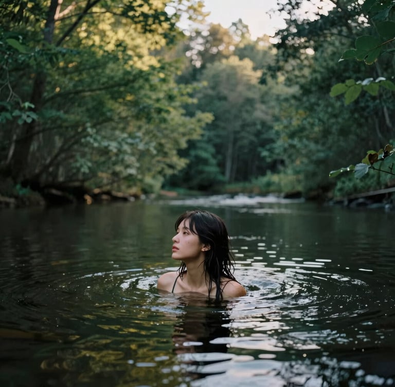 Portrait vertical et artistique d'une silhouette flottant juste sous la surface de l'eau d'un lac forestier, lumière diffuse et d'or filtrant à travers les feuilles, tons vert rivière profonds.