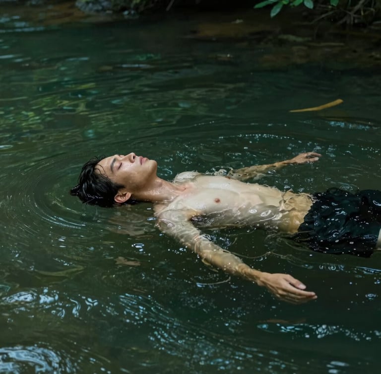 Vertical portrait of a person floating peacefully just beneath the surface of a dark green forest river, soft diffused light filtering through leaves, organic ripples, wet skin and hair, contemplative.