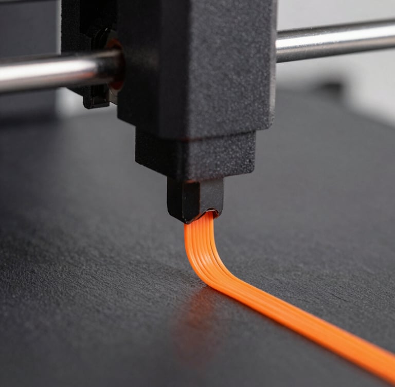 Extreme macro shot of a 3D printer nozzle extruding high-visibility orange filament, clean layer lines visible, technical slate background, sharp focus, high-contrast studio lighting.