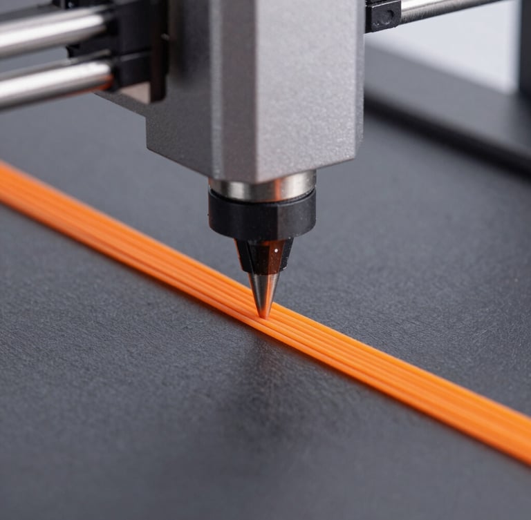 Extreme macro shot of a high-precision 3D printer nozzle extruding safety orange filament, clean layer lines, technical slate background, sharp focus, studio lighting