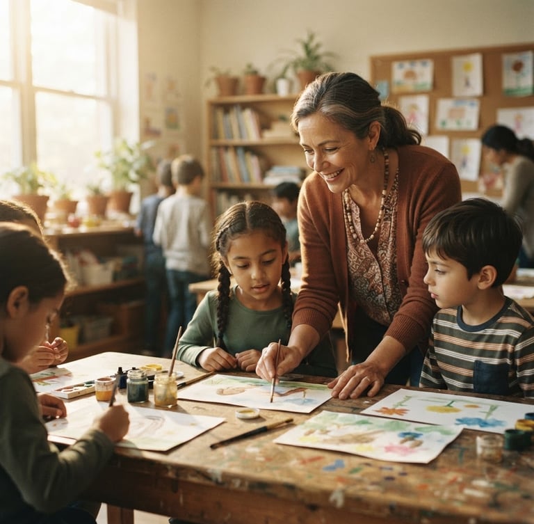 A candid environmental portrait of a local community educator in a sunlit classroom, guiding young students over a table, warm muted tones, 35mm film photography.