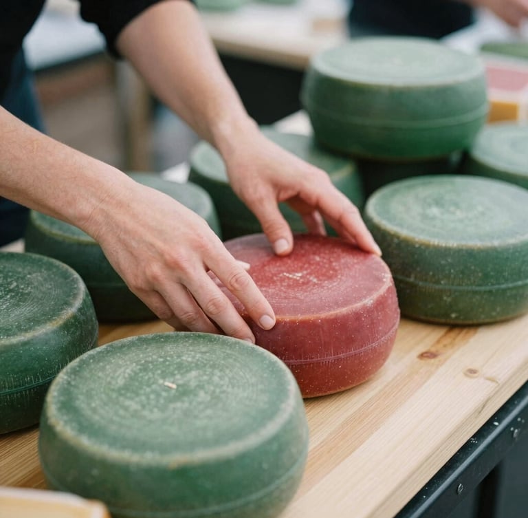 Close-up of hands arranging artisanal cheese wheels on a wooden board at a market stall, soft natural daylight, matte forest green accents, shallow depth of field