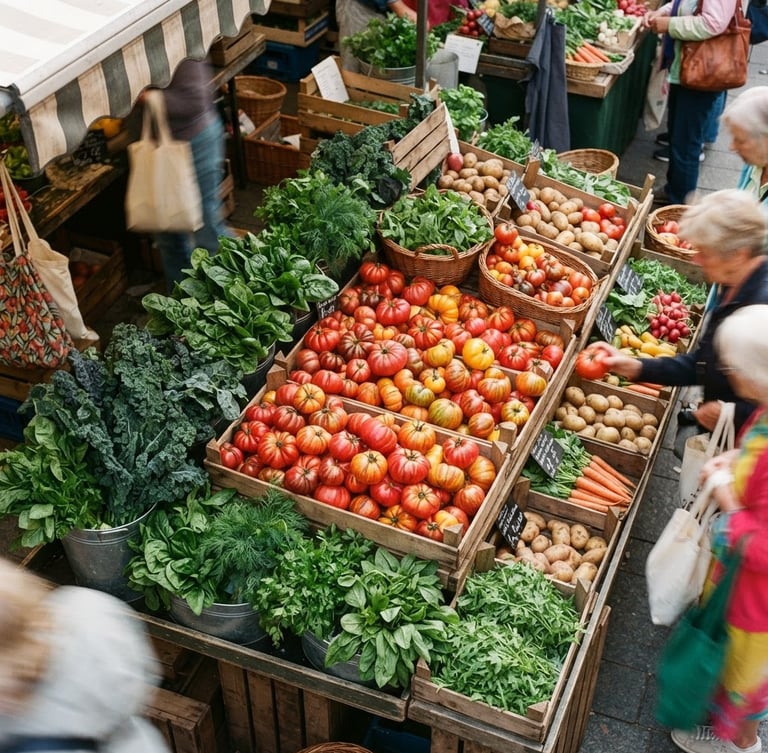 Overhead shot of a bustling local food market stall, colorful heirloom tomatoes, fresh greens, soft Scandinavian daylight, rich crimson tones, 35mm film style