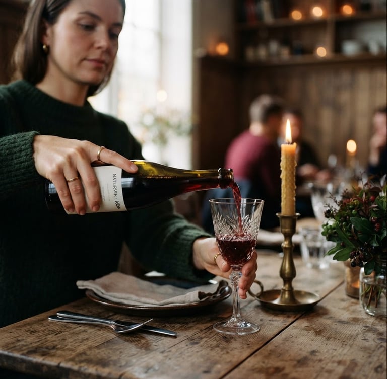Editorial portrait shot of a rustic candlelit restaurant table, hands pouring red wine into a glass, warm Scandinavian daylight, shallow depth of field, 35mm film look.