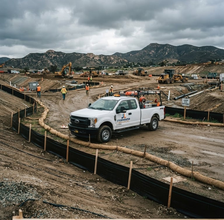 Wide shot of a JL Stormwater Consultants, Inc. branded field vehicle parked on an active construction site in El Cajon, CA, under an overcast sky, with visible silt fences and fiber rolls, industrial editorial photography, cool desaturated tones with high-vis orange accents, sharp focus, 35mm lens.