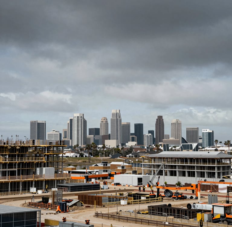 Panoramic view of a Southern California construction site with the San Diego skyline in the distance, under an overcast dramatic daylight, industrial editorial photography, cool desaturated tones.