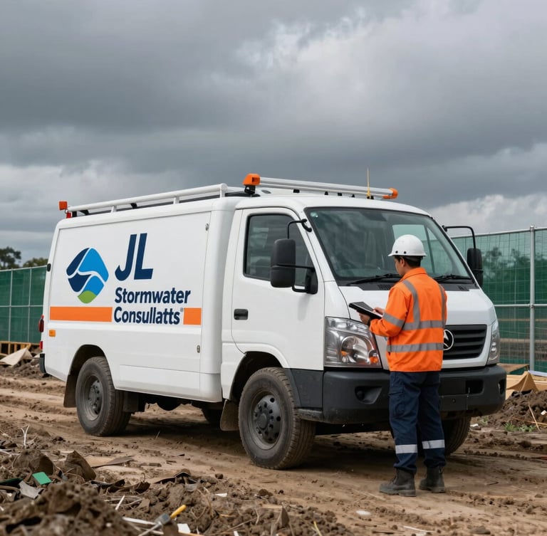 Portrait shot of a branded JL Stormwater Consultants field vehicle, parked on a muddy construction site under overcast skies, a professional inspector in high-vis gear stands beside it holding a tablet, silt fences in background, focused on the vehicle and inspector.