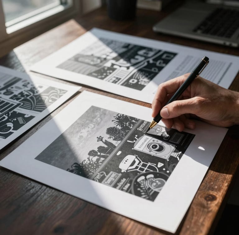 A creative director reviewing high-contrast physical print proofs on a dark wooden table, sharp natural window light, cool tones, macro focus on design details