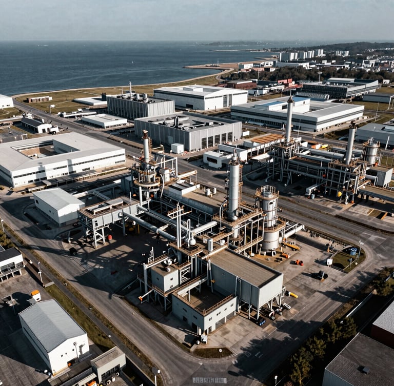 Dramatic high-altitude drone perspective of a modern coastal industrial complex, clean daylight, high-contrast cool tones, 35mm