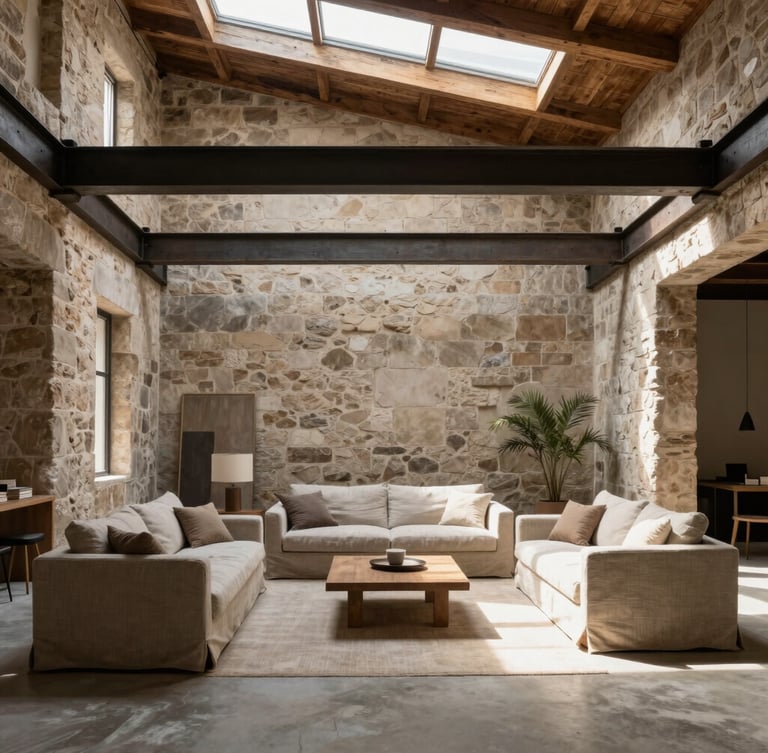 Straight-on editorial interior photograph of a double-height loft living room, exposed historic stone walls, large structural steel beams, concrete floors, soft natural afternoon sunlight pouring from high skylights, minimalist linen furniture.